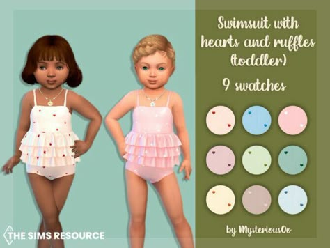 Wow! Check out this Swimsuit With Hearts And Ruffles (Toddler) By Mysteriousoo Sims 4 CC! Clothing, Female Clothing: Swimsuit with hearts and ruffles (toddler) by MysteriousOo. Swimsuit with hearts and ruffles for toddlers in 9 colors. 9 Swatches; Base Game compatible; HQ compatible; Toddler; Outfit type: Swimwear; Part type: Swimsuit; Not Allowed for random; Custom Thumbnail; #sims #sims4 #sims4cc #gaming Toddler Cc Sims 4, Sims 4 Cc Clothes, Toddlers Swimwear, Toddler Bathing Suits, Sims 4 Toddler Clothes, Sims 4 Cc Download, Sims 4 Traits, Sims 4 Cc Kids Clothing, Sims 4 Children