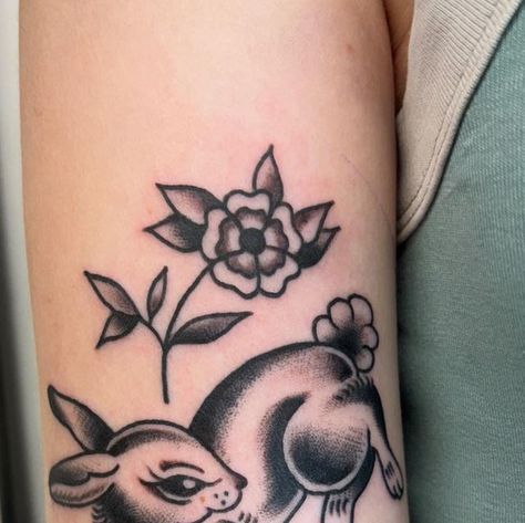 Traditional Rabbit Tattoo Design, Jack Rabbit Tattoo Traditional, American Traditional Bunny, Traditional Bunny Tattoo, Traditional Tattoo Rabbit, Traditional Rabbit Tattoo, Traditional Butterfly Tattoo, Rabbit Tattoo, Bunny Tattoos