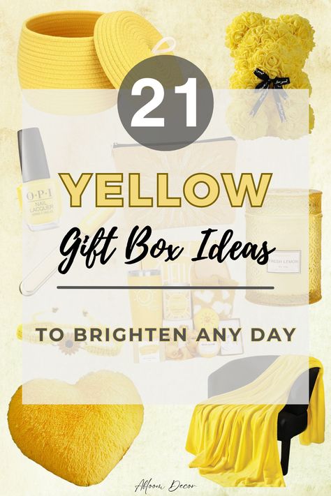 21 Yellow Gift Box Ideas Sunshine Basket Ideas Cheer Up, Yellow Gift Box Ideas, Yellow Themed Gift Basket, Yellow Gift Basket Ideas, Golden Birthday Gift Ideas, Yellow Gift Basket, Yellow Themed Gifts, Yellow Gifts Basket, Box Of Sunshine Gift