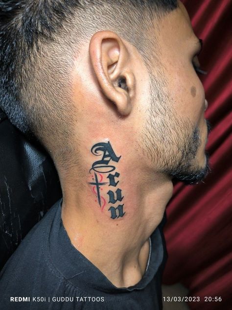 Arun Tattoo Name, Neck Name Tattoo Men, Name Tattoo Neck, Neck Name Tattoo, Name Tattoo On Neck, Name Neck Tattoo, Sunny Name, Tattoo Name Ideas, Name Tattoos On Neck