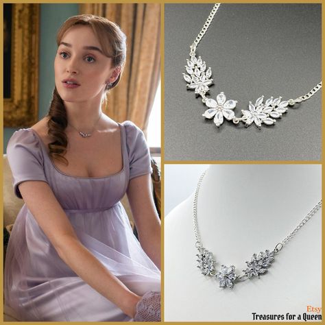 "Bridgerton Daphne Replica Silver Plated Brass Cubic Zirconia Rhinestone Regency Edwardian Victorian Curb Chain Flower Choker Necklace Kate: This item will be made just for you and may take 3 to 5 days to ship. Love the elegant simplicity of Regency style jewelry mixed with the flowing swirls of Edwardian and Art Nouveau jewelry? Then you'll love this beautiful necklace. Inspired by the fantastic jewelry and costume design of the television program Bridgerton. Made with a 6 petal Cubic Zirconia Brigerton Jewelry, Daphne Bridgerton Necklace, Bridgeton Jewelry, Bridgerton Jewelry Aesthetic, Bridgerton Accessories, Edwardian Jewelry Necklaces, Bridgerton Wardrobe, Bridgerton Jewellery, Bridgerton Necklace