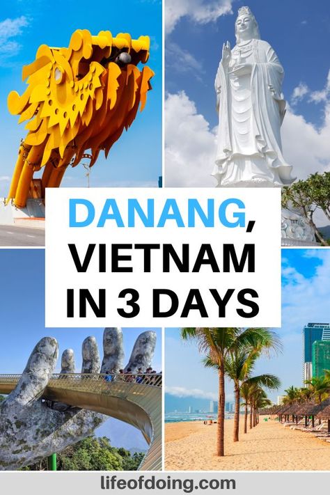 Headed to Danang, Vietnam? This three days in Danang itinerary provides the best overview on how to spend your time in Danang. How to spend 3 days in Danang | Tips on where to stay in Danang | Best things to do in Danang | Bucket list places in Danang | What to eat in Danang | What to see in Danang | Danang beaches | Ba Na Hills Hands Bridge | Danang travel guide #LifeOfDoing #DanangItinerary Danang Itinerary, Cheapest Countries To Travel, Danang Vietnam, Vietnam Itinerary, Vietnam Voyage, Vietnam Travel Guide, Sa Pa, Coastal City, Can Tho