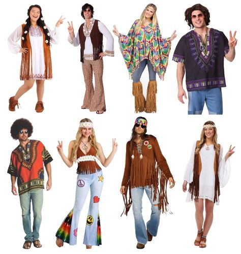 These Retro 60s and 70s Costumes Will Make You Want to Get Up and Dance [Costume Guide] - HalloweenCostumes.com Blog Decades Day Spirit Week 70s Hippie, 70s Party Fashion, 60s Dress Up, 60s Party Outfit, 70s Dress Up, 70s Costumes, Decade Outfits, 60s Outfit, 60s Outfits