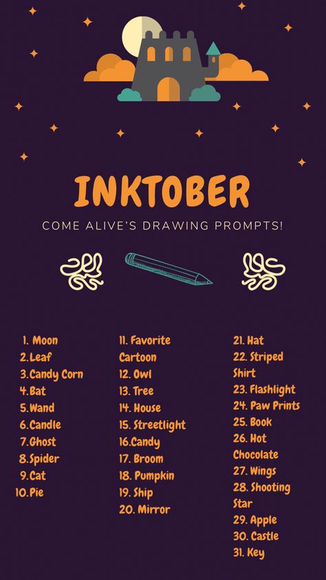 Doodle A Day October, 31 Days Of Halloween Drawings, Halloween Month Activities, October Art Prompts 2023, October Art Prompts, October Drawing Prompts, Inktober Prompts 2024, October Drawing Challenge 2024, October Art Challenge 2024