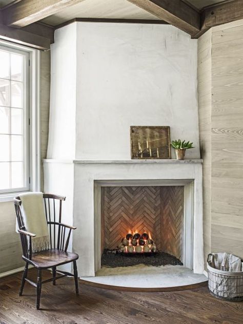 Fixer Upper Fireplace, Brick Fireplace Wall, Stucco Fireplace, Fixer Upper House, Rock Fireplaces, White Fireplace, Farmhouse Fireplace, Emily Henderson, Corner Fireplace