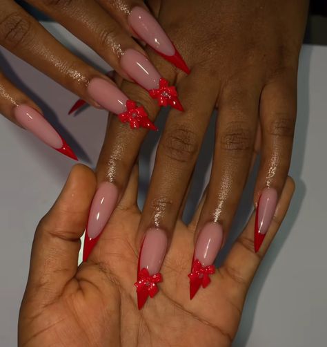 Red Stilleto Acrylics, Red Steletoes Nails, Red Stilleto French Tip, Red Pointy Nails Design, Christmas Nail Designs Stiletto, Red French Stiletto Nails, Stilleto Nails French Tip Designs, Red French Tip Nails Stiletto, Red French Tip Stiletto Nails