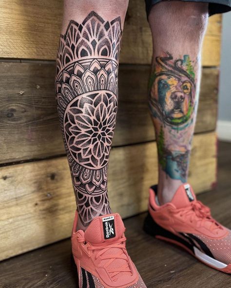 Geometric Tattoo Leg Sleeve, Same Tattoos, Mandala Chest Tattoo, African Sleeve Tattoo, Sacred Geometry Tattoos, Geometric Tattoo Leg, Mandala Tattoo Designs, Spiral Tattoos, Geometric Sleeve Tattoo