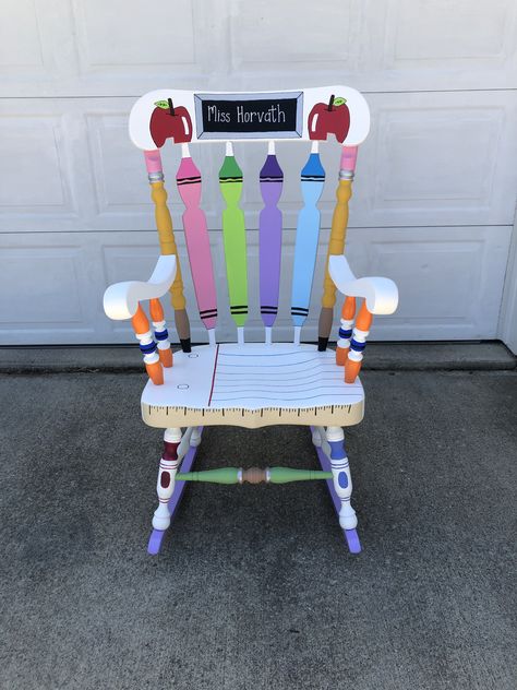 My diy teacher rocking chair for my classroom.  #teacherchair #diy #rockingchair Rocking Chair Classroom, Painted Teacher Chair Classroom, Rocking Chair For Classroom, Teacher Chairs For Classroom Diy, Classroom Rocking Chair Diy, Teacher Painted Rocking Chair, Teacher Chair Ideas, Teacher Rocking Chair Painted Diy, Diy Teacher Chair