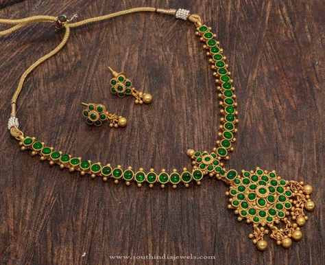 One Gram Gold Plated Green Stone Necklace, Imitation Green Stone Necklace Designs. Stone Necklace Designs, Dollar Chain, Kerala Jewellery, Necklace Green Stone, Ruby Jewellery, Delicate Gold Jewelry, Ruby Set, Bridal Jewels, Stone Necklace Set