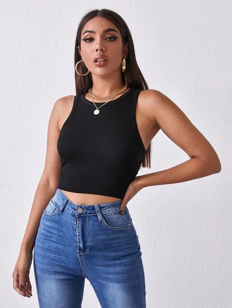 Solid Rib-knit Crop Tank Top | SHEIN USA Cropped Tank Top Outfit, Halter Tops Outfit, Knitted Crop Tank Top, Layered Cami, Black Cropped Tank, Black Crop Top Tank, Top Shein, Tank Top Outfits, Outfit Mujer