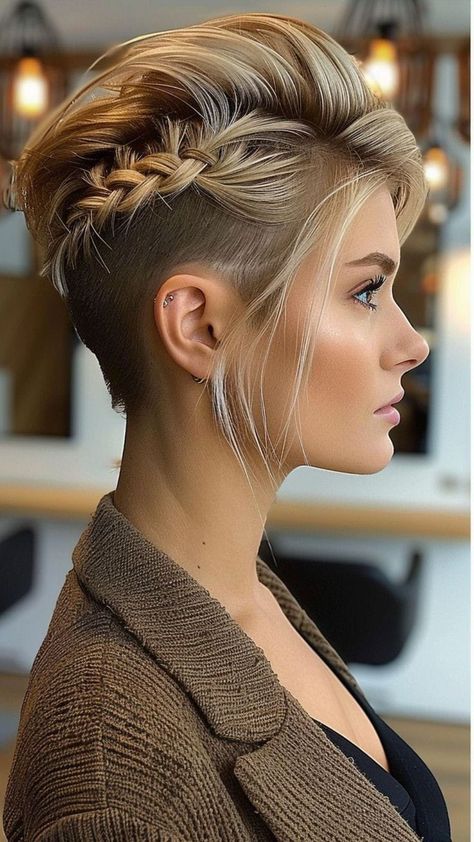 Pixie Hairstyles Wedding Brides, Styles For Undercut Hair, Fantasy Hair Styles Short, Braided Pixie Hairstyles, Pixie Hair Wedding Styles, Long Undercut Pixie, Short Hair Faux Hawk, Pixie Cut Wedding Hair, Undercut Updo Hairstyles