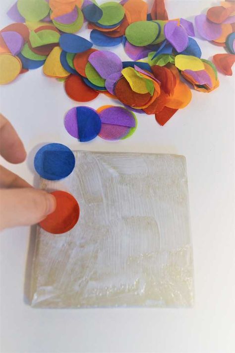 How to Make Coasters 4 Mod Podge Coasters, Make Coasters, Coaster Diy, Diy Mod Podge, Tissue Paper Crafts, Diy Confetti, Homemade Items, Mod Podge Crafts, Decoupage Tissue Paper