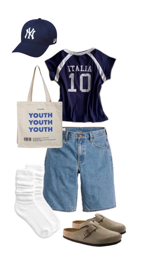 summer, blue, outfit inspo, birkenstock, jorts Jorts Outfit, Dark Academia Outfit, Street Wear Outfits, Outfit Streetwear, Outfit Plan, Baggy Clothes, Aesthetic Fits, Outfit Inspo Casual, Chill Outfits