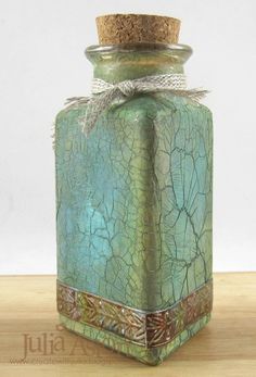 Altered Bottles using embossing and crackle paste from wendy vecchi Victorian Ideas, Altered Jars, Bottle Decorations, Bottles Diy, Decorative Bottles, Crackle Painting, Glass Bottles Art, Wine Bottle Art, Painted Wine Bottles