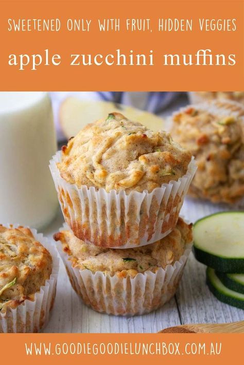 These Apple Zucchini Muffins are must bake for lunchboxes. No added sugar and with sneaky veggies, these light and delicious muffins are a fantastic snack. #lunchboxideas #lunchboxmuffins #noaddedsugar #healthybaking #bakingforkids #lowsugarbaking #goodiegoodielunchbox via @goodielunchbox Sugar Free Zucchini Muffins, Apple Zucchini Muffins, Low Sugar Baking, Apple Zucchini, Double Chocolate Chip Muffins, Zucchini Muffins, Healthy Banana Bread, Hidden Veggies, Oat Cookies