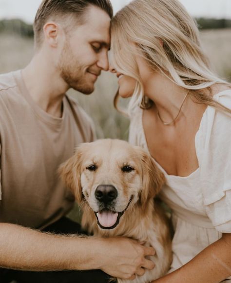 Dogs And Weddings Photo Ideas, Pictures With Golden Retrievers, Boyfriend And Dog Pictures, Fall Family Photos Couple And Dog, Pre Wedding Photoshoot With Dog, Couple Poses With Dog Christmas Cards, Couple With Dog Fall Photos, Engagement Shoots With Dogs, Fall Couple Photos With Small Dog