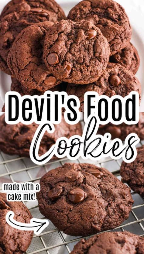 Baked devil's food cookies on a cooling rack. Cake Mix Cookies Devils Food, Desserts With Devils Food Cake, Devil Food Cake Cookies, Dark Chocolate Cake Mix Cookies, Devils Food Cookies Recipes, Devil's Food Cake Mix Recipes, Devils Food Cake Mix Cookies Recipes, Cookies With Devils Food Cake, Devil's Food Cake Mix Recipes Ideas