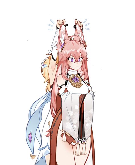 Lumine Genshin, Trim Hair, Looking To The Side, Detached Sleeves, Dress Earrings, Japanese Clothes, Yae Miko, Glitch Art, Animal Ears