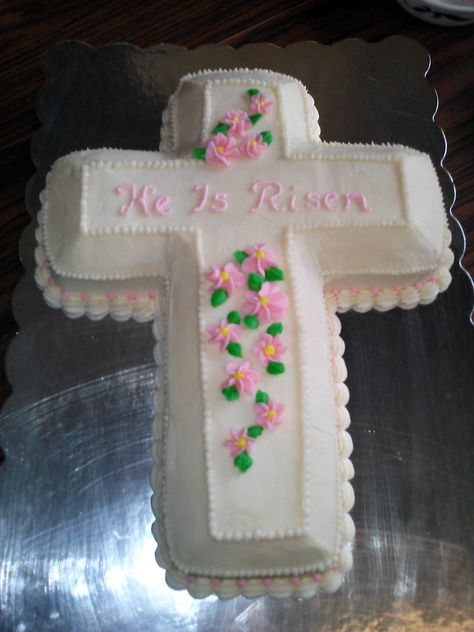 Easter cake cross, roses, buttercream, gluten free He is Risen Resurrection Cake Ideas, He Is Risen Cake, Easter Cross Cakes Ideas, Easter Cross Cake, Cross Cakes For Easter, Cross Cake, Pull Apart Cross Cupcake Cake, Easter Cake Cross, Buttercream Cross On Cake