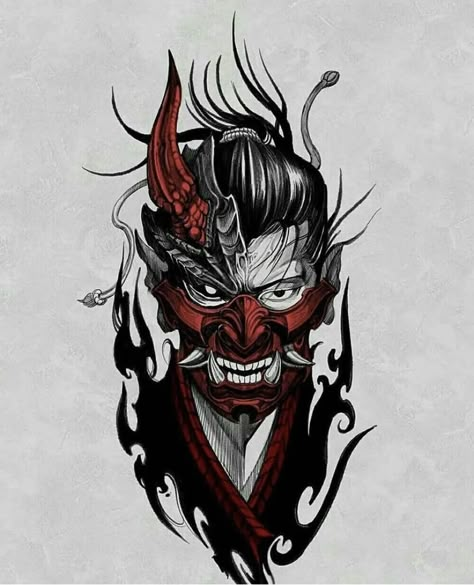 Girin Tattoo, Samurai Mask Tattoo, Dragon Thigh Tattoo, Japanese Demon Tattoo, Oni Tattoo, Cyberpunk Tattoo, Samurai Tattoo Design, Japan Tattoo Design, Portraits Art