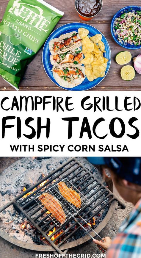 Grill these fish tacos right over your campfire for an easy camping meal! Campfire cooking | Camping Food Campfire Pizza, Easy Camping Recipes, Campfire Meals, Camp Meals, Camp Recipes, Grilled Fish Tacos, Campfire Grill, Camping Menu, Camping Meal