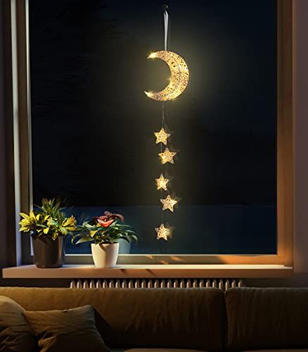 Moon And Star Lights, Room Paper Decor, Paper Vines, Fairy Lights Indoor, Star Fairy Lights, Hanging Star Light, Mini Lamps, Whimsical Room, Moon Lights