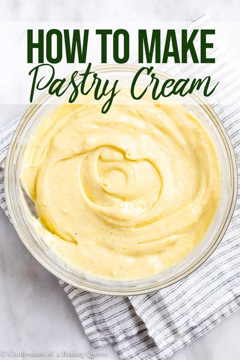 Delicious thick and creamy this easy recipe for pastry cream is the perfect filling for pastries and cakes! Vanilla beans make this Creme Patissiere extra special and beautiful! View the step-by-step photos to help you easily make this delicious custard! #cremepat #cremepatissiere #pastrycream #custard #vanillapastrycream Easy Pastry Cream, Easy Pastry, How To Make Pastry, Cakes Vanilla, Cream Filling Recipe, Pastry Cream Recipe, Pastries Recipes Dessert, Cake Filling Recipes, Cream Puff Recipe