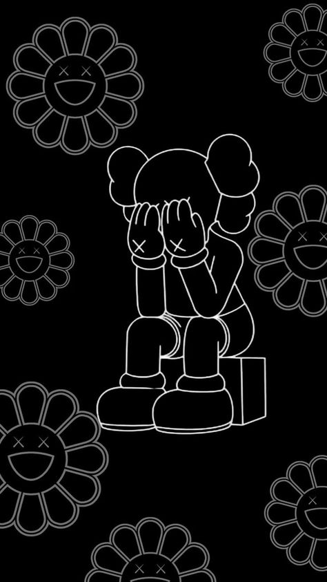 Kaws Leavers Shirt, Black And White Kaws Wallpaper, Bear Brick Drawing, Black Wallpaper Kaws, Kaws Graphic Design, Kaws Bear Wallpaper, Kaws Background, Black And White Kaws, Kaw Wallpaper