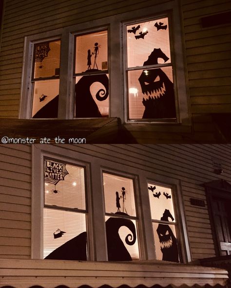 Nightmare Before Christmas Window Silhouette, Nightmare Before Christmas Window, Halloween Window Painting Ideas, Christmas Window Art, Halloween Windows, Halloween Window Display, Decoracion Halloween, Halloween Window Silhouettes, Window Silhouette