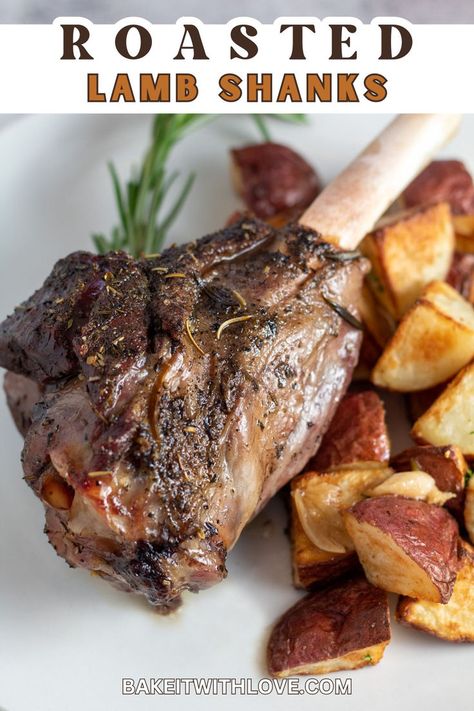 Roasted Lamb Shanks Roast Lamb Shanks, How To Cook Lamb Shanks Easy Recipes, Roasted Lamb Recipes, Lamb Shank Recipes, Roast Lamb Shank Recipe, Lamb Risotto, Easy Lamb Shank Recipe, Roasted Lamb Shanks, Slow Roasted Lamb