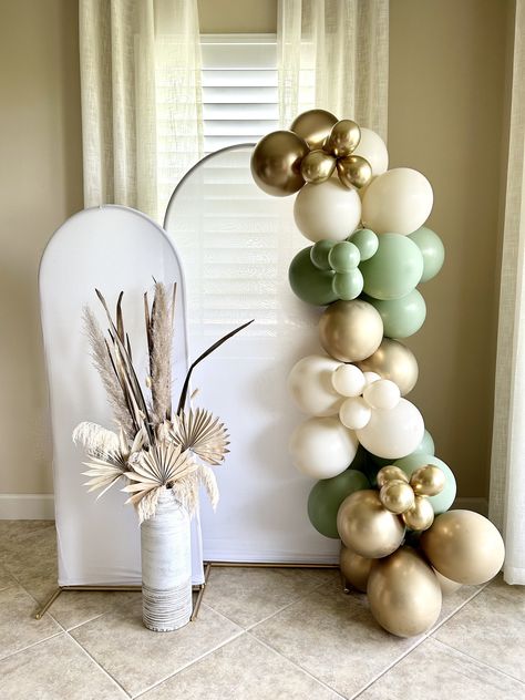 Balloon Garland Half Arch, Gold Arch Backdrop With Balloons, Eucalyptus Engagement Party Decor, Sage And Gold Decor, Simple Balloon Arch Backdrop, Sage Green And Gold Bridal Shower Ideas, Sage Green Graduation Party Decorations, Green And White Balloon Arch, Sage Balloon Garland