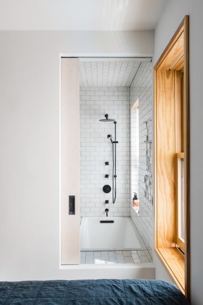 Unique Subway Tile, Subway Tile Bathroom, Sunken Bath, Sunken Bathtub, Sunken Tub, Open Bathroom, Subway Tiles Bathroom, Bathroom Tub Shower, Tub Cover