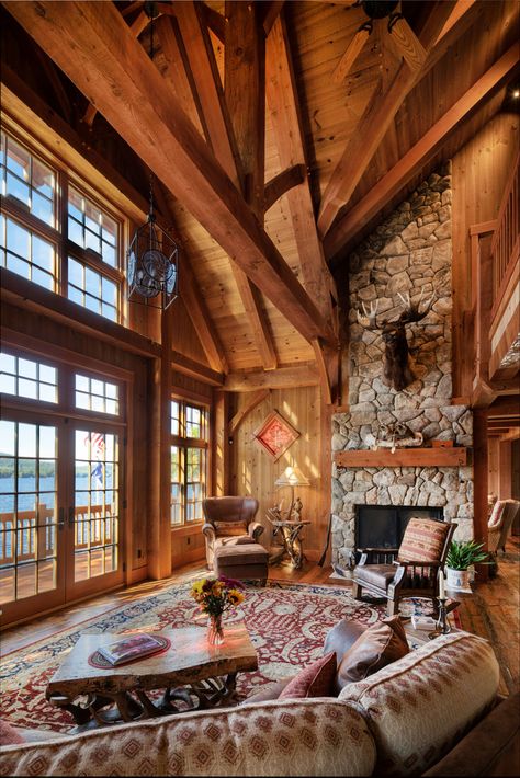 A New Timber Home With the Look of a Historic Lodge #rustic #wood #design #interiordesign #lodgedecor Lodge Style Home, Timber Home, Lodge House, Log Home Interiors, Lodge Homes, Lake Winnipesaukee, Lodge Cabin, Cabin Interiors, Rustic Home Design