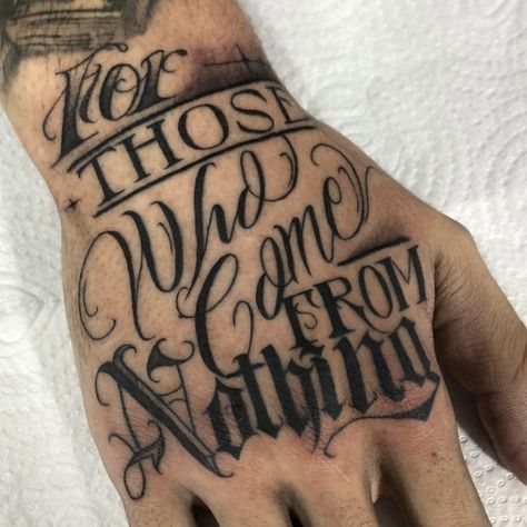 Money Hand Tattoos For Guys, Self Made Hand Tattoo, Writing Hand Tattoo, Hand Tattoo Writing, Cool Tattoos Men, Watch Over Me Tattoo, Lettering Hand Tattoo, Tattoo Fonts Ideas, Hustler Tattoo