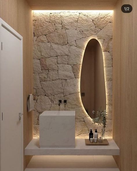 Mirror With Pebble Tilearound, Modern Spa Bathroom Stone, Spa Mirror Bathroom, Full Length Mirror For Gym, Sunken Bathroom Mirror, Concrete With Mirror, Freeform Bathroom Mirror, Bali Powder Room, Bathroom With Stone