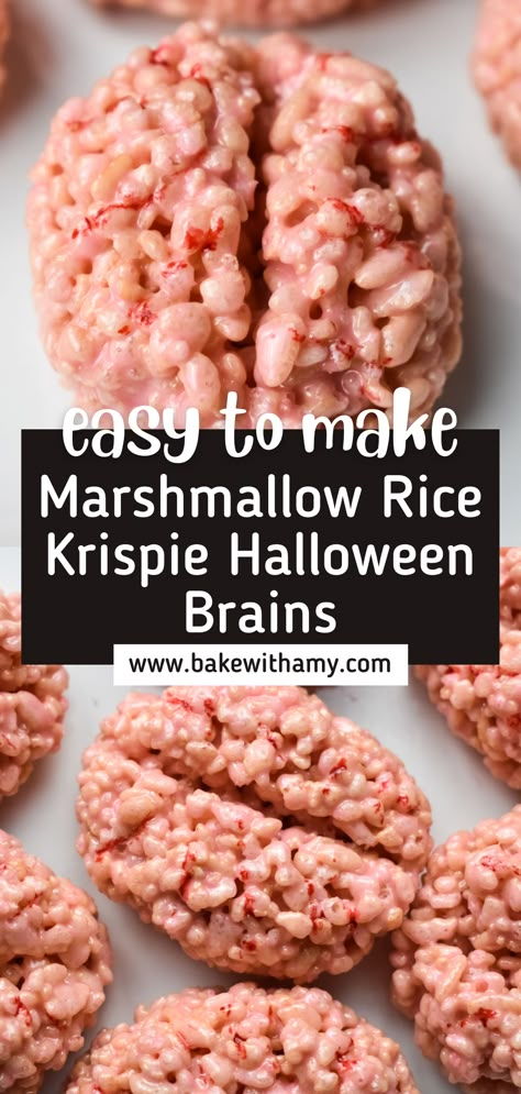 Rice Krispie Treat Brains, Halloween Treats Rice Krispies, Cool Halloween Snacks, Brain Rice Crispy Treats, Summerween Snack Ideas, Rice Krispie Brains, Halloween Party Main Dish, Brain Rice Krispie Treats, Spooky Night Snacks