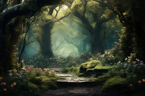 Enchanted Forest Landscape, Forest Vegetation, Murals Ideas, Forest Enchanted, Fairy Painting, Magical Landscape, Dark Paintings, Fairy Paintings, Landscape Forest