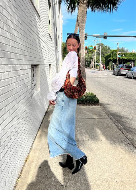 denim maxi skirt with lace eyelit witchy top and thrifted paisley bag with pointed toe ankle boots Pointed Toe Ankle Boots, Skirt With Lace, Denim Maxi, Denim Maxi Skirt, Outfit Inspo Fall, Fall Outfit, Maxi Skirt, Fall Outfits, Paisley