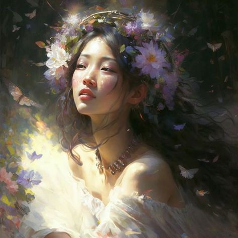 Greek Nymph, Girl With Flowers, Fantasy Style, Oil Painting Tutorial, Creative Drawing Prompts, Oil Pastel Art, Fine Art Portraits, Digital Art Anime, Creative Drawing