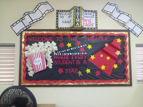 Movie theater theme classroom Movie Theater Classroom Ideas, Movie Theater Door Decoration, Cinema Theme Classroom, Movie Theater Bulletin Board, Movie Theater Classroom Transformation, Theater Classroom Door Signs, Theater Classroom, Movie Theater Theme, Theater Room Decor