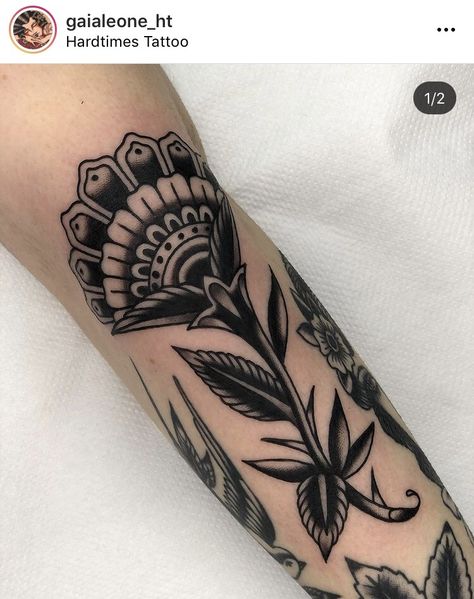 American Traditional Flower Tattoo, Black Flowers Tattoo, Traditional Black Tattoo, Tattoo Catalog, Half Flower, Traditional Tattoo Flowers, Instagram Filler, Traditional Style Tattoo, Cool Wrist Tattoos