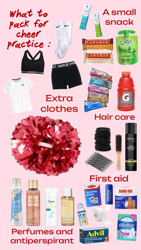 The cheer practice essentials Cheer Base, Cheer Flexibility, Cheer Practice Outfits, Cheer Practice Wear, Cheerleading Bags, Cheer Dance Routines, Cheer Backpack, Cheer Hacks, Cheer Tryouts