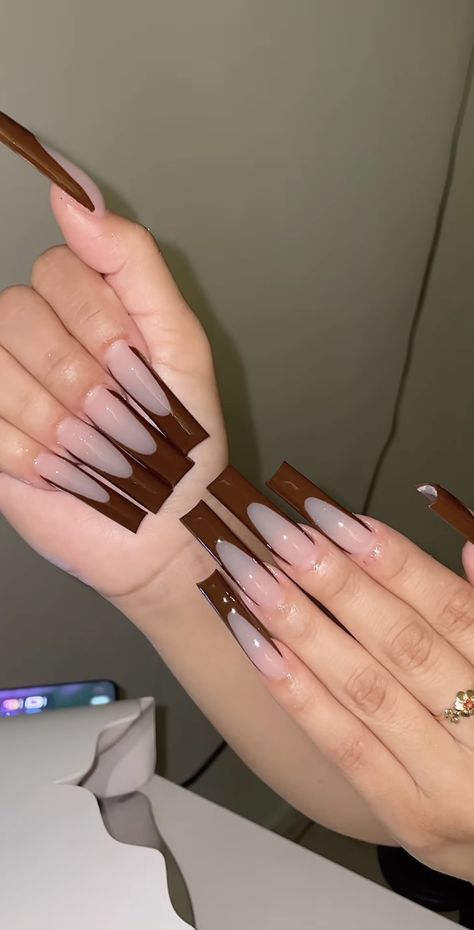 Long Brown Nail Ideas, Xl Brown Acrylic Nails, Deep U French Nails, Brown Xl Nails, Brown Stilleto Nails Design, Long Brown Nails Acrylic, Long Acrylic Nails Brown, Long Brown Acrylic Nails, Brown Nails Long