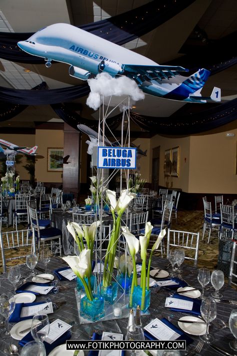 Aviation inspired centerpieces. #airplanes #aviation #airplanecenterpieces #linzievents Aviation Centerpieces, Airplane Centerpieces, Airplane Table Centerpiece, Plane Centerpiece, Airplane Centerpiece Ideas, Airplane Event Theme, Vintage Airplane Centerpiece Ideas, Aviation Themed Party, Aviation Theme Guest Table