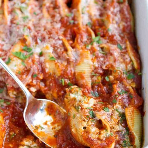 Pesto Turkey Stuffed Shells Recipe - Cookin Canuck Turkey Stuffed Shells, Baked Stuffed Shells, Pesto Turkey, Roasted Vegetable Lasagna, Baked Pasta Dishes, Spinach Cheese, Shells Recipe, Marinara Sauce Homemade, Baked Pasta