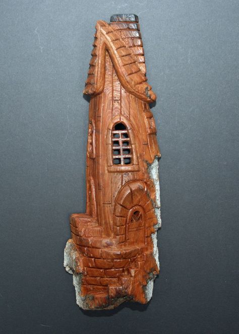 Whimsical House Carving by William Rogers Whimsical Carvings, Bark Carving, Whimsical Houses, Dremel Carving, Wooden Sculptures, Wood Bark, Wood Spirit, Dremel Wood Carving, Tree Carving