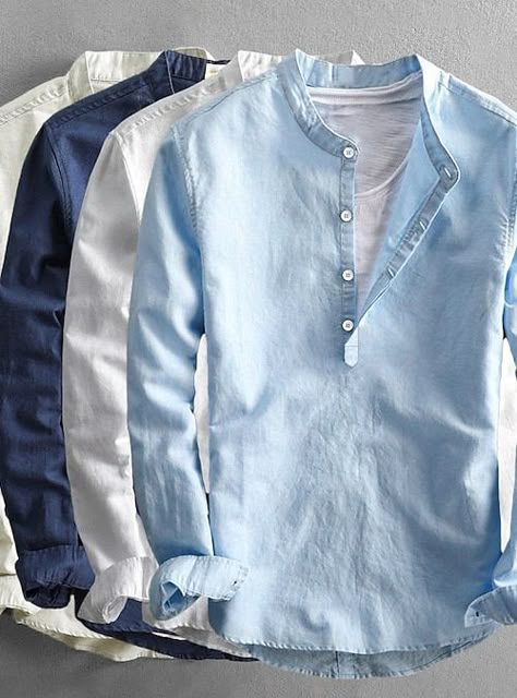 Mens Shirts Design, Trending Shirts For Men, Gents Shirts, Band Collar Shirt, Stylish Shirts Men, Banded Collar Shirts, Beige Long Sleeve, Light Sky Blue, Vacation Tops