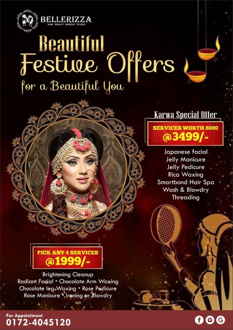 Karwachauth Poster Design, Diwali Offer Poster Design, Diwali Offer Poster, Freelance Makeup Artist Business, Offer Poster, Parlour Design, Jelly Pedicure, Makeup Poster, Diwali Offer