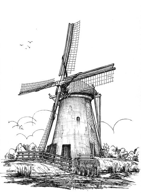 Windmill Drawing, Windmill Art, Cityscape Drawing, Landscape Pencil Drawings, Drawing Scenery, Pen Art Work, Nature Art Drawings, Pen Art Drawings, Dutch Windmills