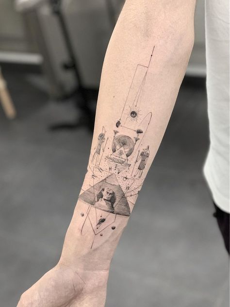 Buddha Theme Tattoo, Black Linework Tattoo Sleeve, Sphynx Tattoo Egyptian, Egyptian Fine Line Tattoo, Geometric Egyptian Tattoo, Egypt Sleeve Tattoo, Egyptian Hieroglyphics Tattoo, Egyptian Pyramid Tattoo, Archeology Tattoo